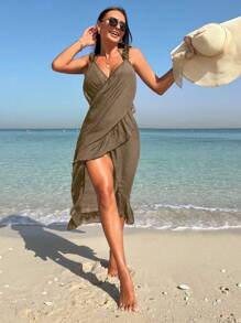 SHEIN Swim Solid Ruffle Trim Kimono, For Summer Beach Vacation - Khaki - View 2