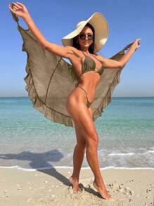 SHEIN Swim Solid Ruffle Trim Kimono, For Summer Beach Vacation - Khaki - View 6