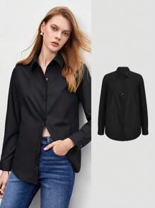 BizChic Blouse à manches longues et boutons noire en coton unicolore, ample et décontractée, chemise de bureau élégante pour femmes
