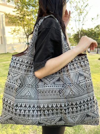 大容量幾何樣式便攜可折疊購物袋,沙灘包,瑜伽包