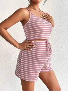 SHEIN Maternity Striped Cami Top & Knot Front Shorts - Dusty Pink - View 3