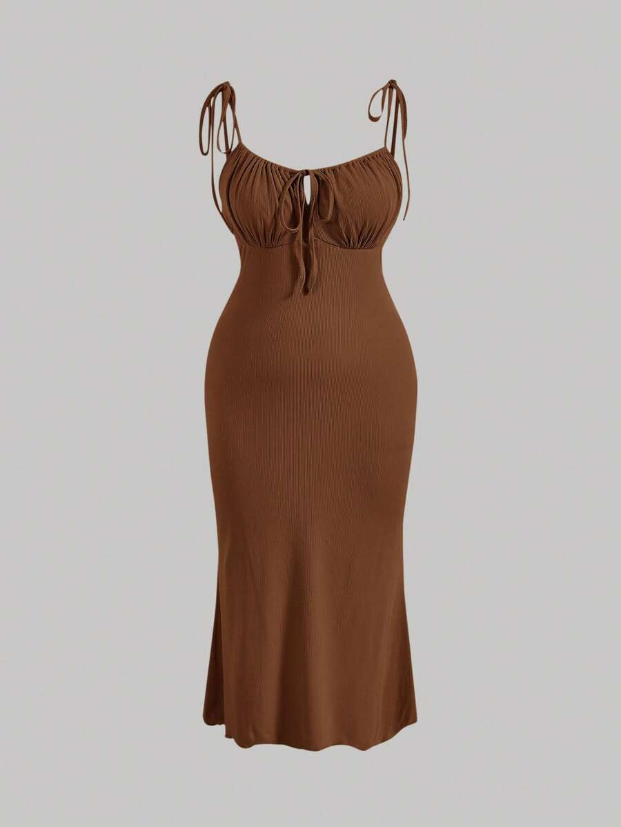 SHEIN MOD Plus Tie Front Ruched Bust Cami Dress,Birthday Dresses For Women,Corset Dress For Women - Coffee Brown - View 1