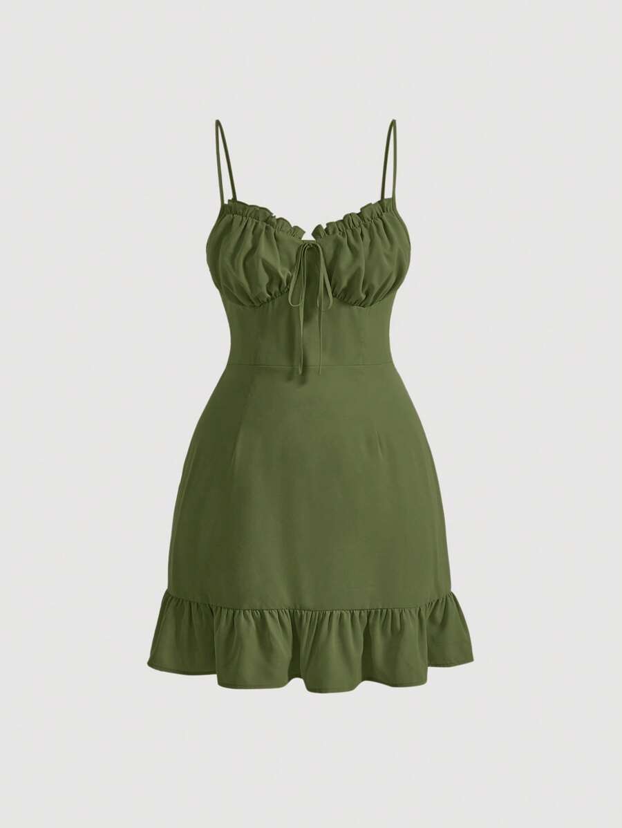 SHEIN MOD 大碼褶邊胸部褶皺荷葉邊吊帶洋裝 - 軍綠色 - 查看 1