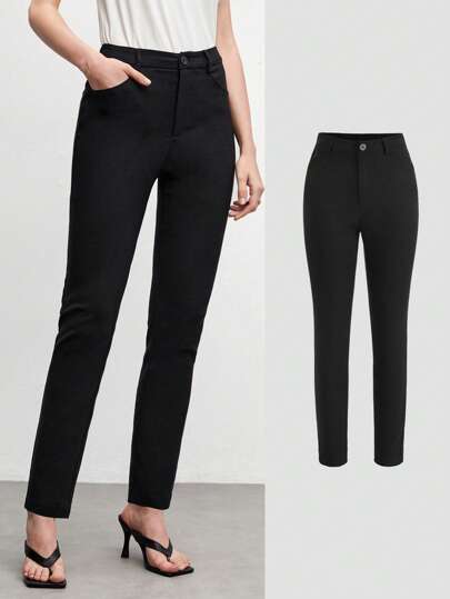 BizChic 女式黑色弹力修身斜插袋长裤，工作裤，商务休闲正装裤，适合办公室穿着，秋冬