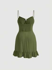 SHEIN MOD 大碼褶邊胸部褶皺荷葉邊吊帶洋裝 - 軍綠色 - 查看 2
