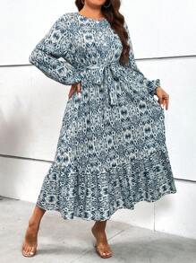 SHEIN LUNE Plus Allover Print Lantern Sleeve Ruffle Hem Belted Dress - Blue and White - View 1