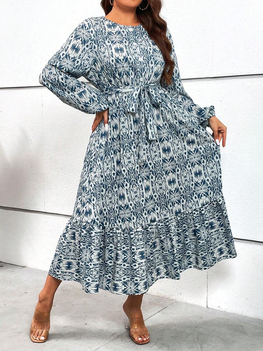 SHEIN LUNE Plus Allover Print Lantern Sleeve Ruffle Hem Belted Dress - Blue and White - View 1