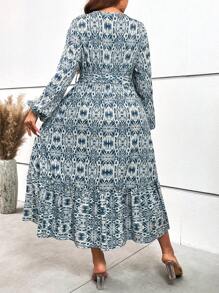 SHEIN LUNE Plus Allover Print Lantern Sleeve Ruffle Hem Belted Dress - Blue and White - View 2