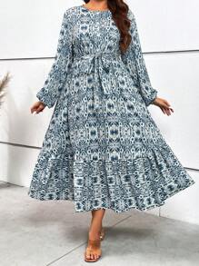 SHEIN LUNE Plus Allover Print Lantern Sleeve Ruffle Hem Belted Dress - Blue and White - View 3