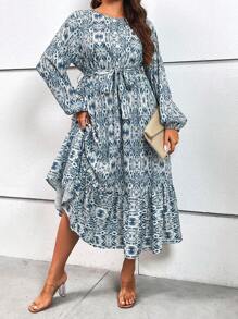 SHEIN LUNE Plus Allover Print Lantern Sleeve Ruffle Hem Belted Dress - Blue and White - View 4