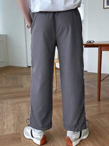 DAZY Men Contrast Piping Drawstring Hem Trousers - Grey - View 2