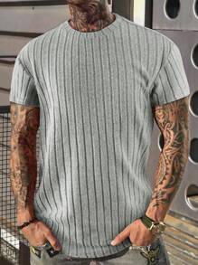 Manfinity Homme 男士素色條紋針織T恤 - 灰色 - 查看 1