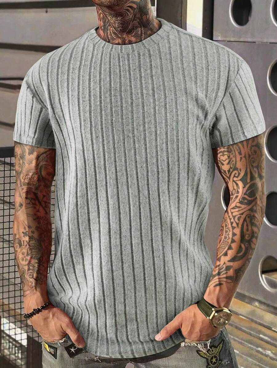 Manfinity Homme 男士素色條紋針織T恤 - 灰色 - 查看 1