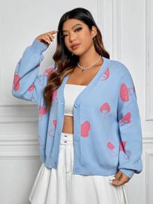 SHEIN EZwear Plus 1pc Mushroom Pattern Drop Shoulder Cardigan - Multicolor - View 5