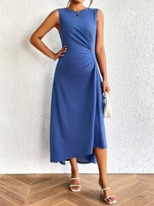 SHEIN Maternity Solid Ruched Side Dress - Blue - View 3