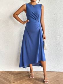 SHEIN Maternity Solid Ruched Side Dress - Blue - View 4
