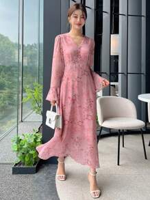 DAZY In hoa tay áo lá sen Xù Hoa Sen Đầm - Màu Hồng  San hô - Xem 4
