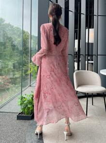DAZY In hoa tay áo lá sen Xù Hoa Sen Đầm - Màu Hồng  San hô - Xem 2