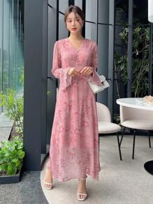 DAZY In hoa tay áo lá sen Xù Hoa Sen Đầm - Màu Hồng  San hô - Xem 3
