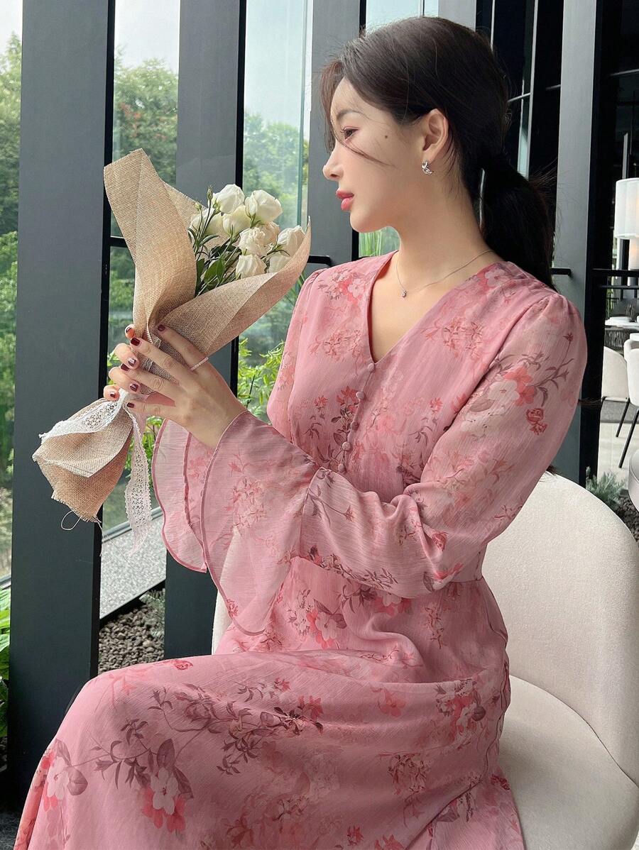 DAZY In hoa tay áo lá sen Xù Hoa Sen Đầm - Màu Hồng  San hô - Xem 1
