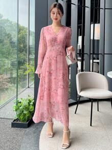 DAZY In hoa tay áo lá sen Xù Hoa Sen Đầm - Màu Hồng  San hô - Xem 6