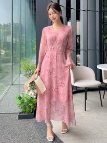 DAZY In hoa tay áo lá sen Xù Hoa Sen Đầm - Màu Hồng  San hô - Xem 7
