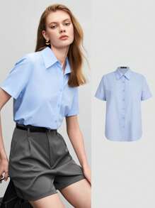 BizChic Solid Button Front Short Sleeves Shirt Workwear - Baby Blue - View 1
