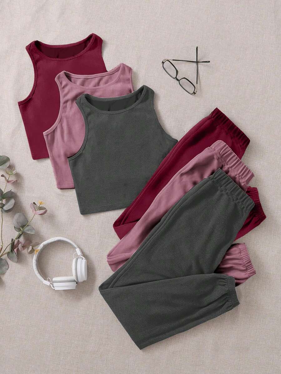 3 piezas unicolor Top tank con pantalones deportivos Set homewear - Multicolor - Ver 1