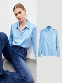 BizChic Chất rắn Nút phía trước Áo sơ mi Trang phục làm việc - Màu xanh lam - Xem 2