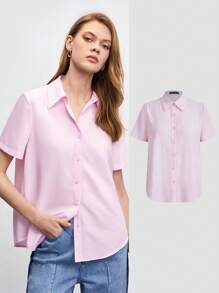 BizChic Solid Button Front Shirt Workwear - Baby Pink - View 7