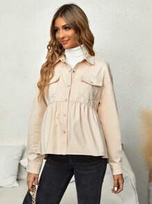 SHEIN 孕婦翻蓋口袋落肩袖荷葉邊下擺外套 - 杏色 - 查看 1