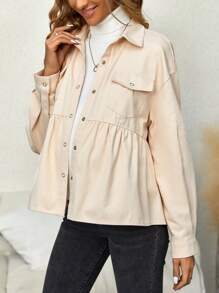 SHEIN 孕婦翻蓋口袋落肩袖荷葉邊下擺外套 - 杏色 - 查看 3