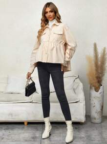 SHEIN 孕婦翻蓋口袋落肩袖荷葉邊下擺外套 - 杏色 - 查看 4