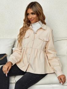 SHEIN 孕婦翻蓋口袋落肩袖荷葉邊下擺外套 - 杏色 - 查看 6