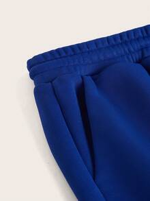 SHEIN EZwear 大碼花和標語圖案腰部抽繩衛褲 - 寶藍色 - 查看 3