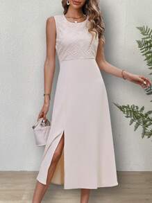 SHEIN Clasi Contrast Lace Split Thigh Dress - Apricot - View 1