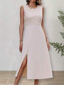 SHEIN Clasi Contrast Lace Split Thigh Dress - Apricot - View 4