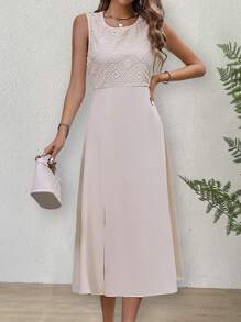 SHEIN Clasi Contrast Lace Split Thigh Dress - Apricot - View 5