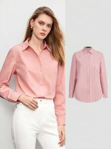 SHEIN BIZwear 棉质纯色纽扣前襟衬衫工作服长袖 - 淺粉色 - 查看 11