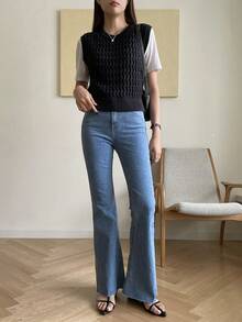 DAZY Chất rắn Xoắn Dan Áo len vest Without Tee - màu đen - Xem 3