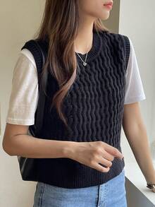 DAZY Chất rắn Xoắn Dan Áo len vest Without Tee - màu đen - Xem 4