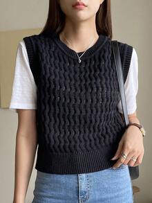 DAZY Chất rắn Xoắn Dan Áo len vest Without Tee - màu đen - Xem 5