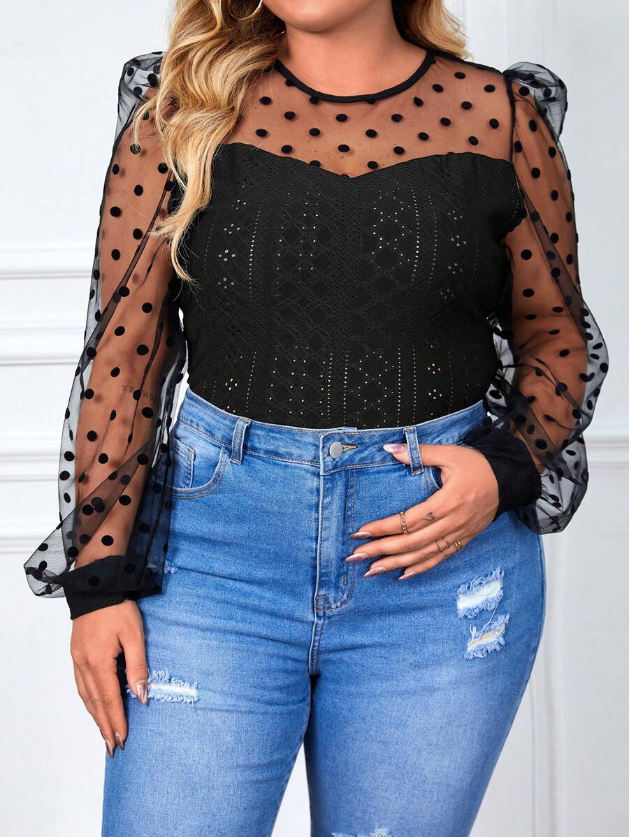 SHEIN Privé 大碼拼接波點網紗泡泡袖網眼刺繡上衣 - 黑色 - 查看 1
