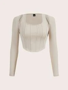 SHEIN EZwear 素色條紋針織背心上衣&短上衣 - 米色 - 查看 1