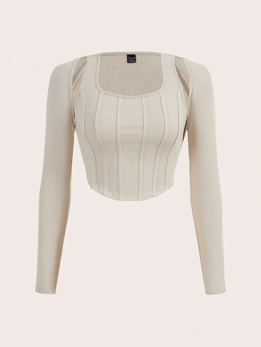 SHEIN EZwear 素色條紋針織背心上衣&短上衣 - 米色 - 查看 1