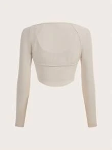 SHEIN EZwear 素色條紋針織背心上衣&短上衣 - 米色 - 查看 2