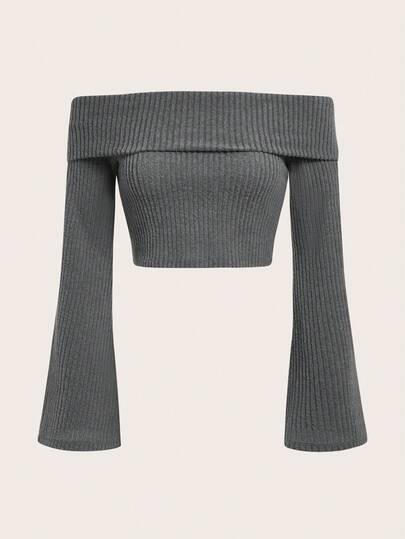 SHEIN EZwear Blusa corta con mangas de trompeta y hombros descubiertos, adecuada para primavera y otoño