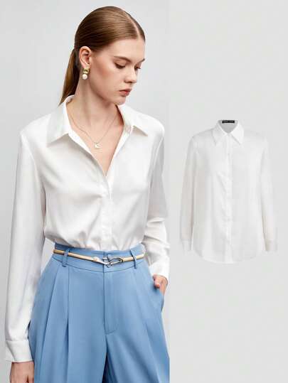 BizChic Damskjorta med enfärgad knapp framtill, avslappnad långärmad blus för arbete, elegant pendlarskjorta, affärsmässiga damkläder, formell damskjorta