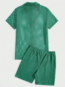 SHEIN طقم بيجامة موحدة اللون أزرار أمامية شبكة للرجال - أخضر - مشاهدة 2