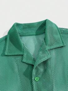 SHEIN طقم بيجامة موحدة اللون أزرار أمامية شبكة للرجال - أخضر - مشاهدة 5